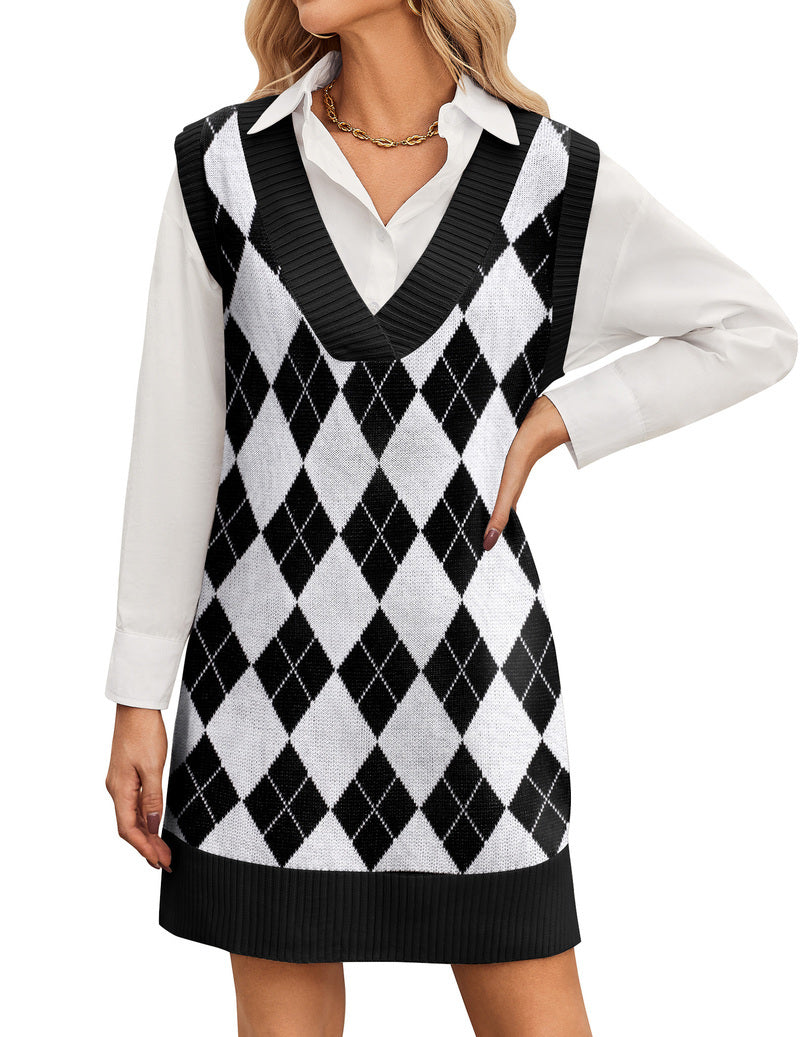 Zeagoo Women's Oversized Sweater Vest Dress V Neck Knit Pullover - Plaid M