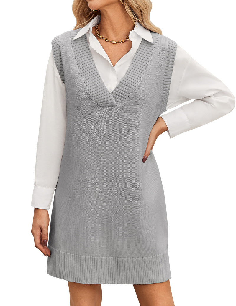 Zeagoo Women's Oversized Sweater Vest Dress V Neck Knit Pullover - Light Grey L-