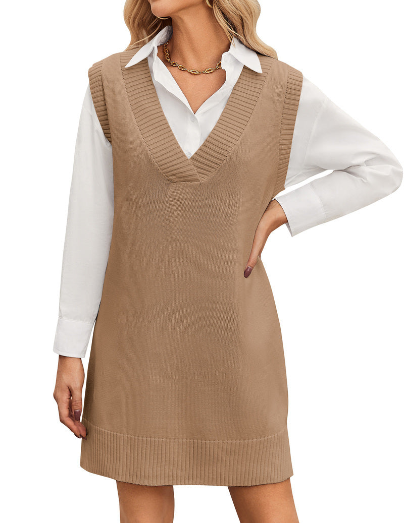 Zeagoo Women's Oversized Sweater Vest Dress V Neck Knit Pullover - Brown S