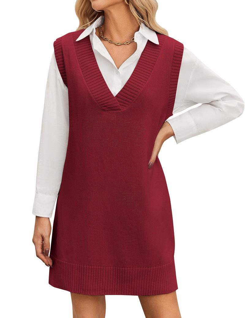 Zeagoo Women's Oversized Sweater Vest Dress V Neck Knit Pullover - Wine Red