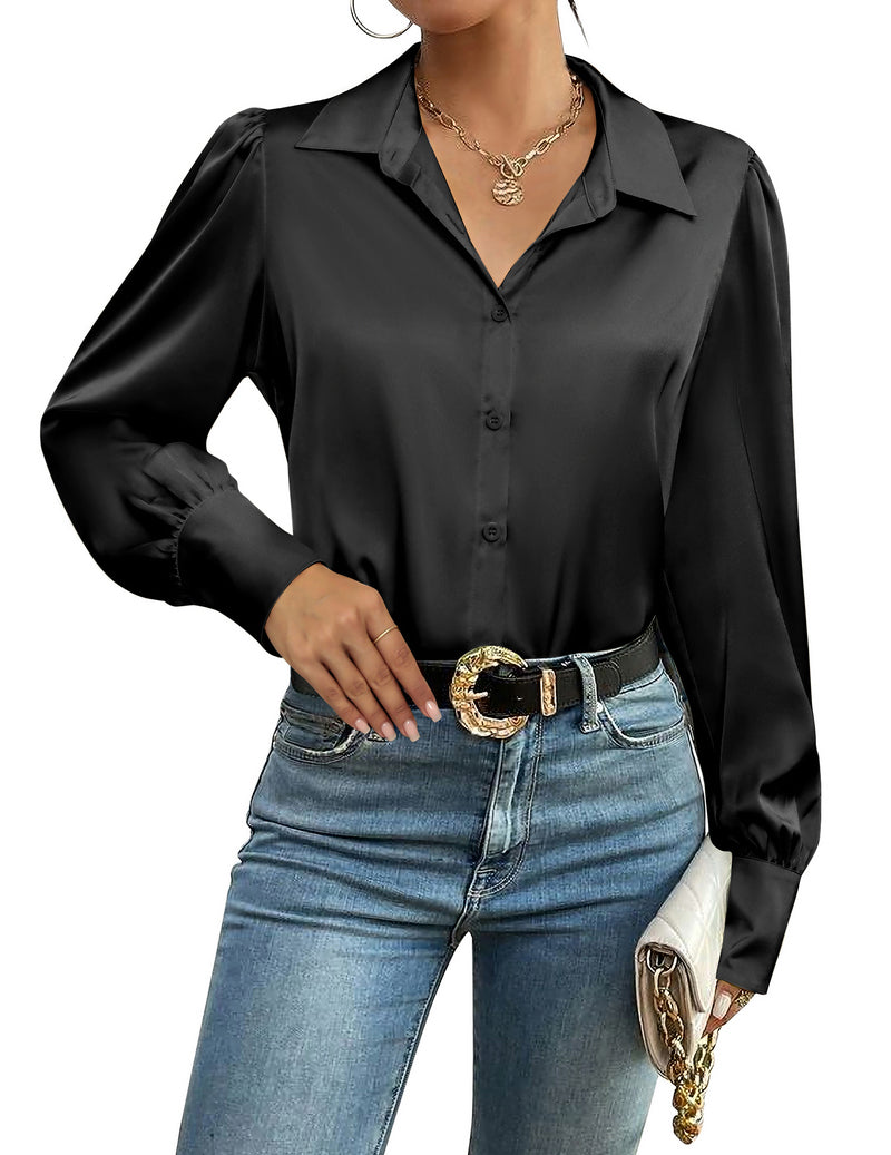 Zeagoo Womens Satin Blouse Lantern Long Sleeve Silk Shirt - Black