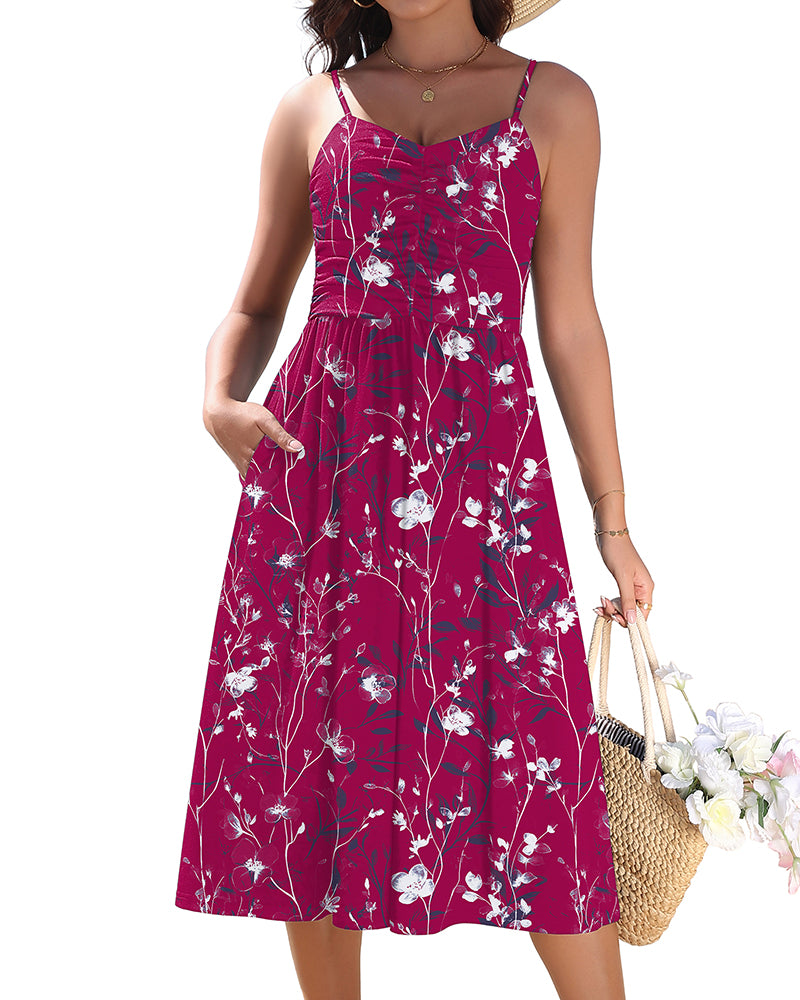 Casual Ruched Floral Flowy Beach Dress with Pockets
