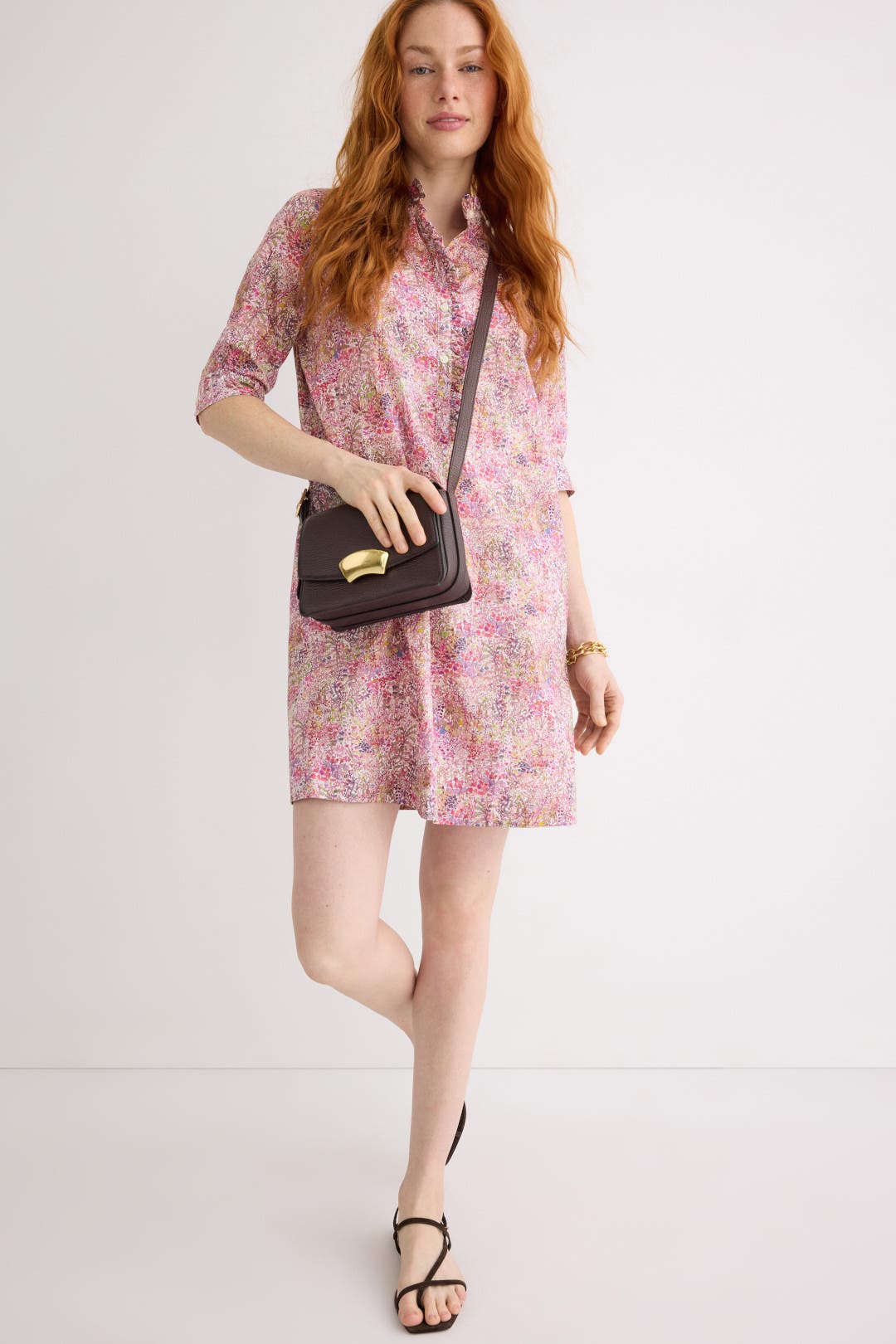 Ann Mashburn Elbow Sleeve Frill Dress Multicolored-pink-print