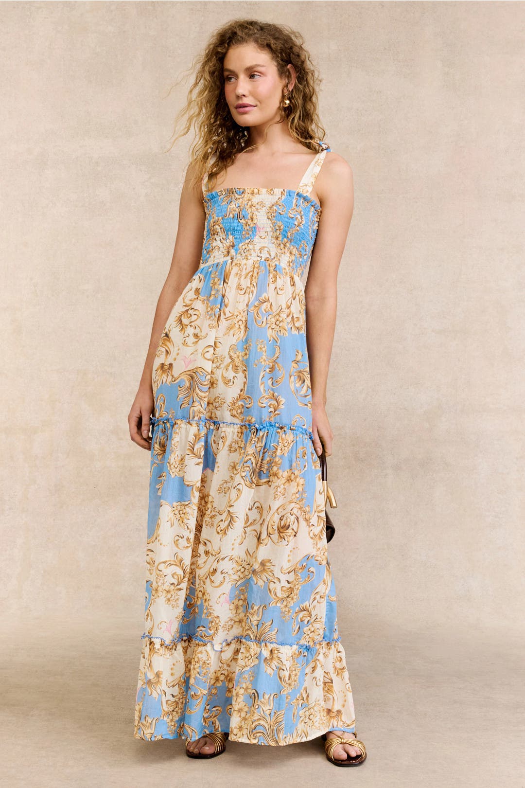 Agua Bendita Lucery Blush Maxi Dress Blue-gold-print