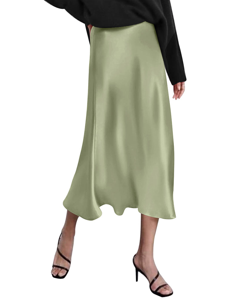 Zeagoo Midi Skirt High Waisted Solid Satin Dress - Apple Green M