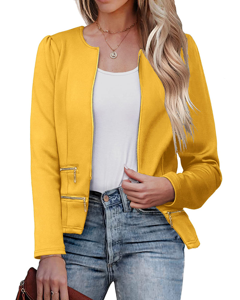 Zeagoo Womens Blazer Cropped Open Front Zipper Dress Jacket O Neck Casual Office Suit Jacket - Apricot M