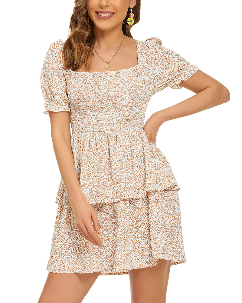 Lantern Sleeve Swing Mini Dress - Zeagoo- Apricot
