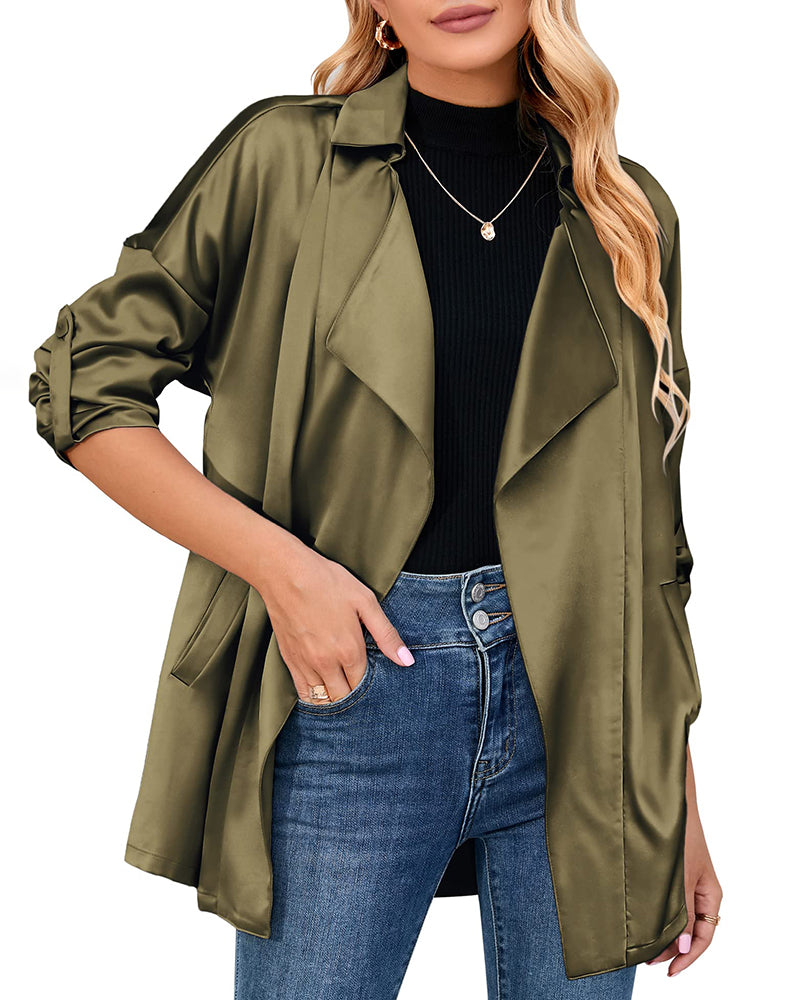 Womens Oversized Blazer Jackets Satin Roll Sleeve Open Front Casual Work Cardigan Jacket with Pockets - Zeagoo- Army Green
