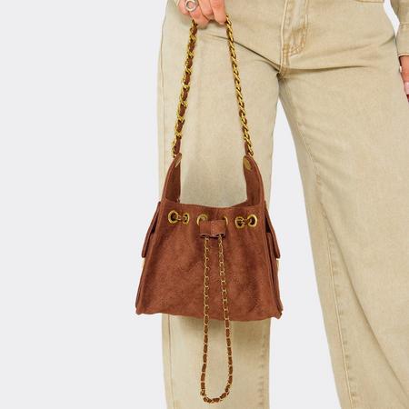 Smash Chain Strap Detail Shaped Shoulder Bag In Brown Faux Suede, Women's Size