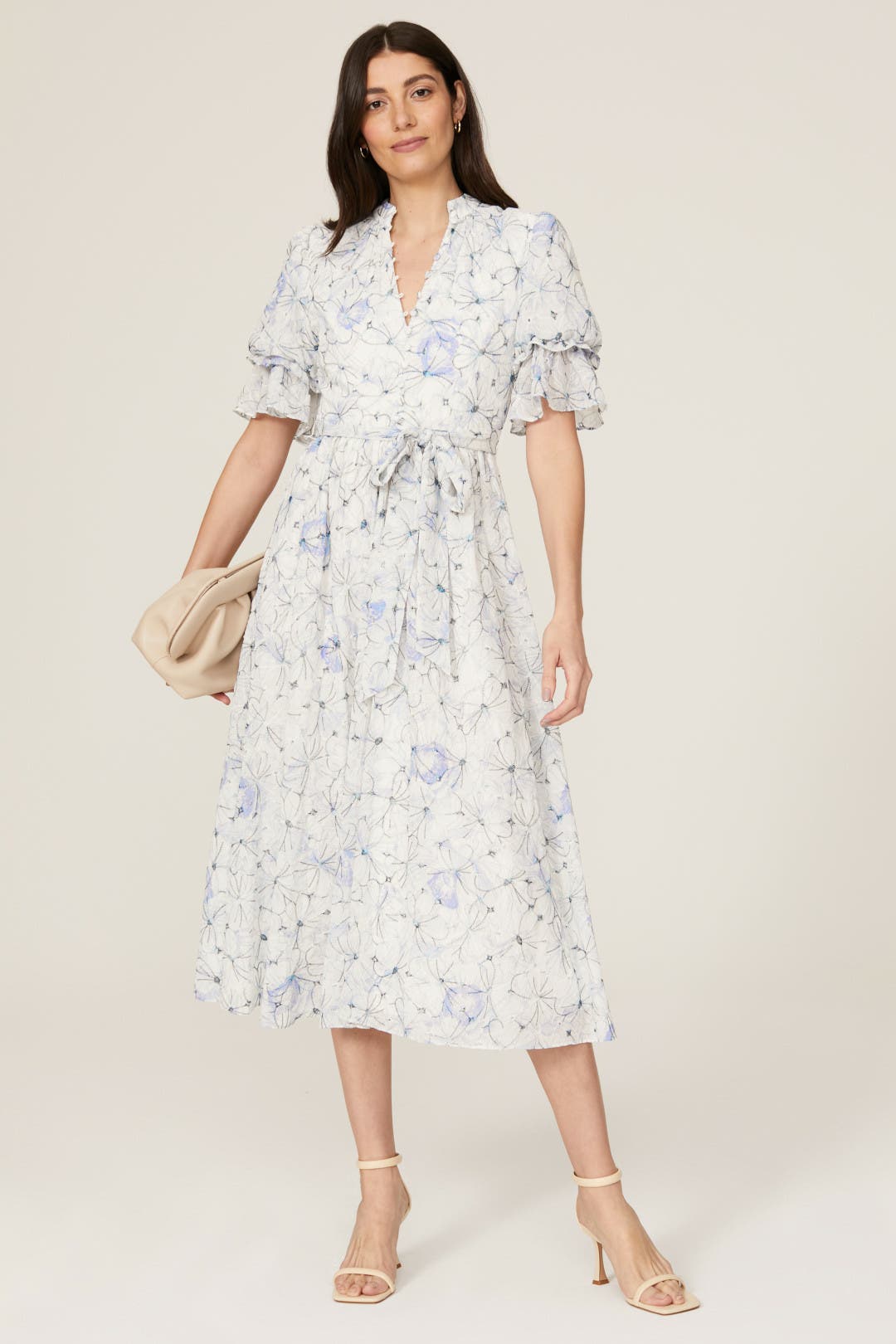 Badgley Mischka Flounce Sleeve Day Dress White-purple-print