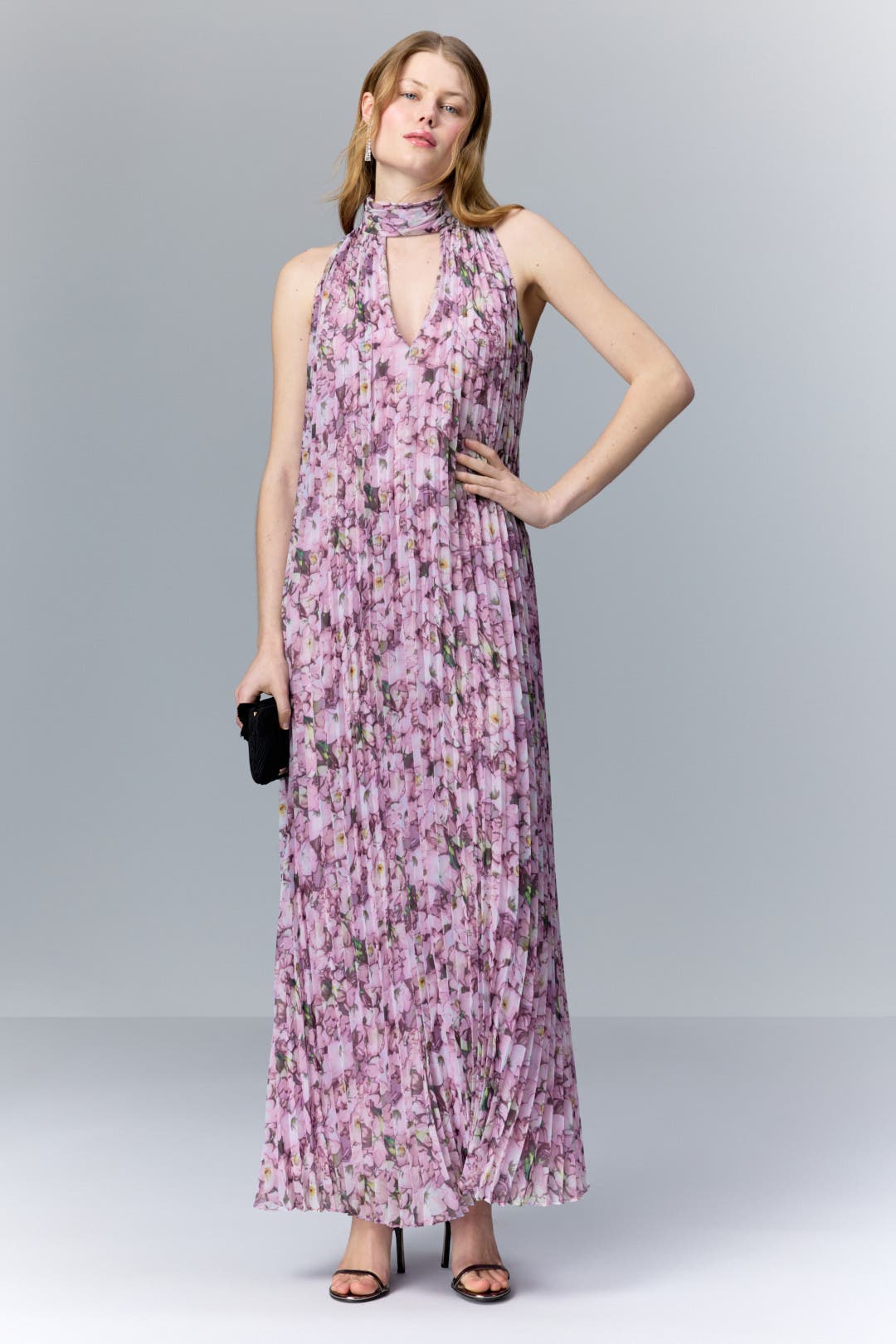 Badgley Mischka Pleated High Low Dress Purple-white-print
