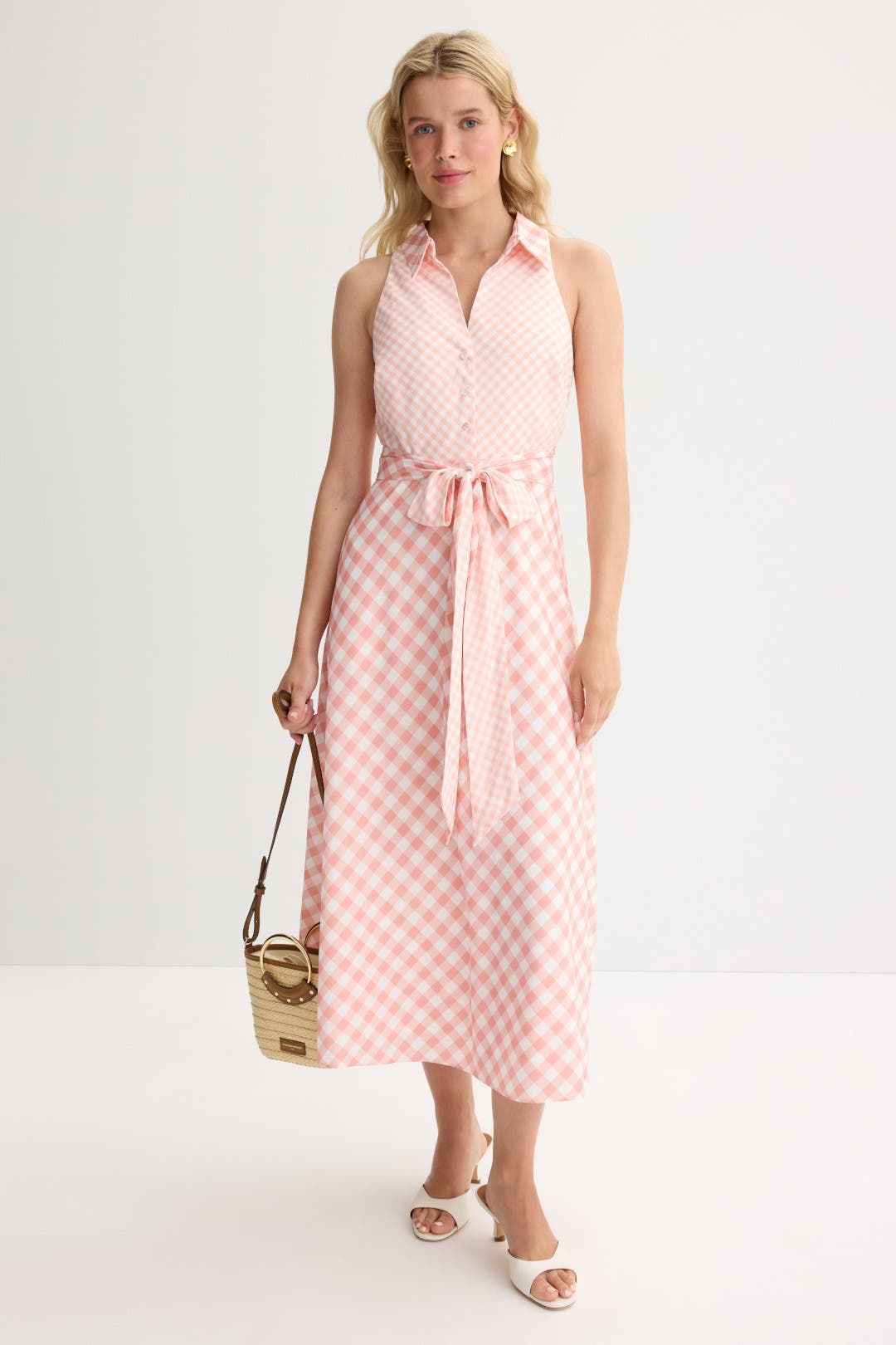 Badgley Mischka Gingham Halter Midi Dress Pink-white-print