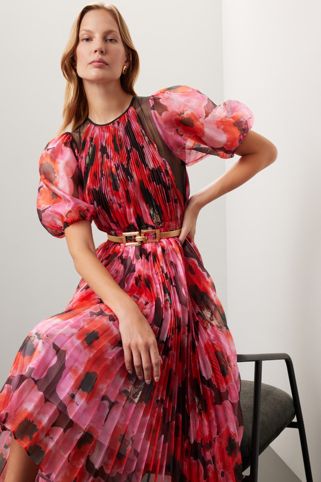Bibhu Mohapatra x RTR Pleated Floral Dress Red-pink-print