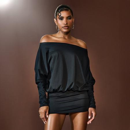 Slash Neck Long Sleeve Mini Dress In Black, Women's Size
