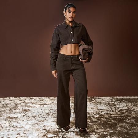 Long Sleeve Extreme Cropped Jacket In Chocolate Brown Denim, Women's Size