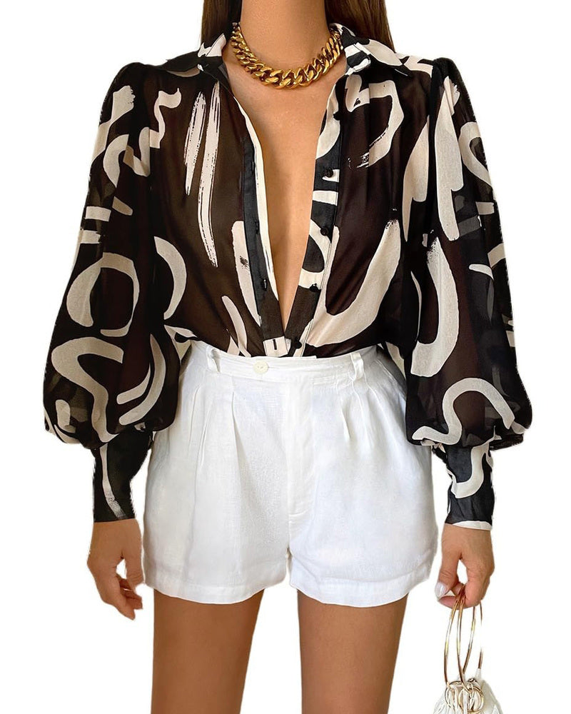 Zeagoo Printed Lantern Long Sleeve Blouse - B York Black L-
