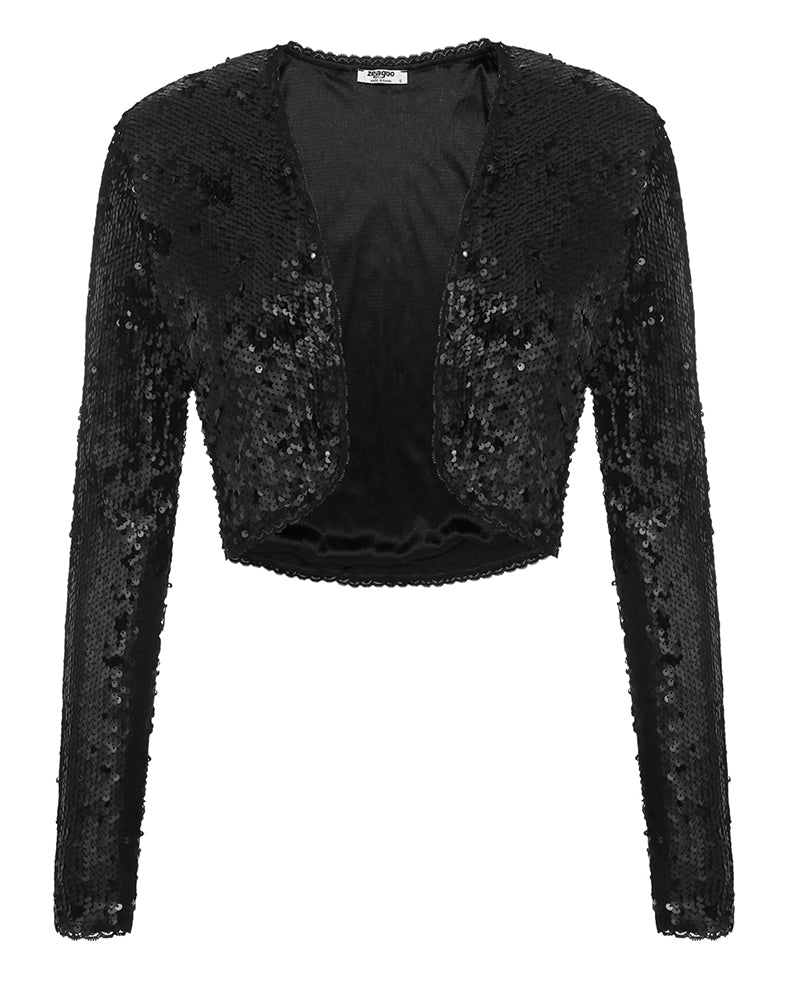 Sequin Shrug Glitter Bolero Jackets with Sparkly Blazer Long Sleeve Cropped Cardigan - Zeagoo- Black S