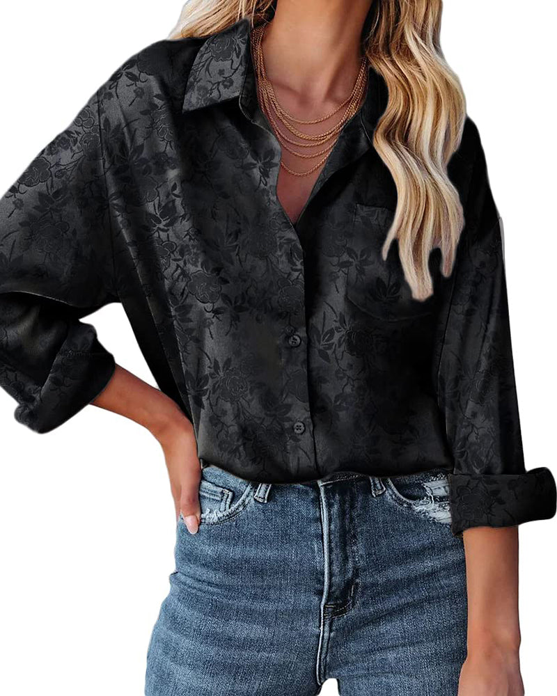 Satin Silk Shirt Floral Button Down Blouse - Zeagoo- Black
