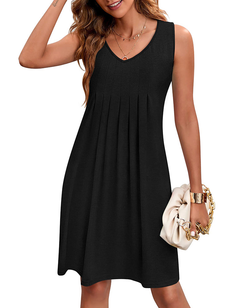 Women Summer Dresses Beach Floral Sleeveless Tshirt Sundress Pockets Casual Loose Flowy Tank Dress - Zeagoo- Black