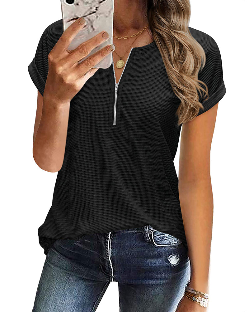 Women's Casual Rolled Short Sleeve Tops Half Zip Shirts Loose Waffle Knit T Shirts Blouse - Zeagoo- Black L-