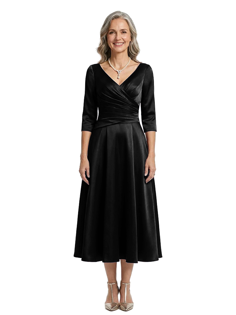 ChicSew Long Sleeve Ruched Satin Tea-Length Mother Of The Bride Dress With V-Neck