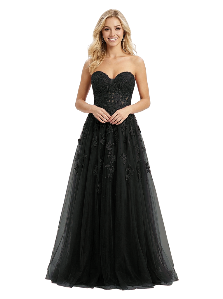 Classy Sweetheart Cut Out Lace Prom Dress Sleeveless A-Line Tulle Formal Party Gown - black