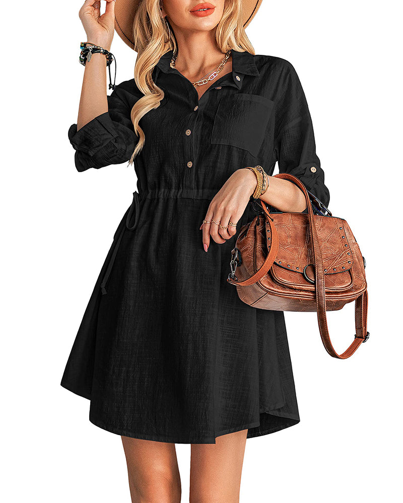 Linen Tunic Dress Shirts Boho Coverup Dresses with Belt - Zeagoo- Black L-