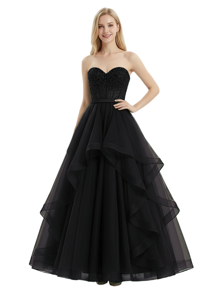 Stunning Sweetheart Ball Gown Prom Dress Beaded Bodice Tiered Tulle Formal Evening Gown - black