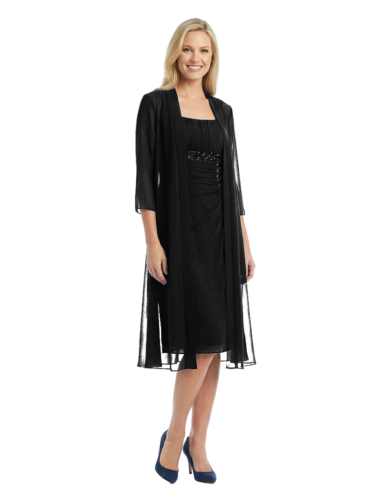 Chicsew Classy Square Sleeve Chiffon Mother of The Groom Dress Midi Set Sheer Jacket Beaded Gown
