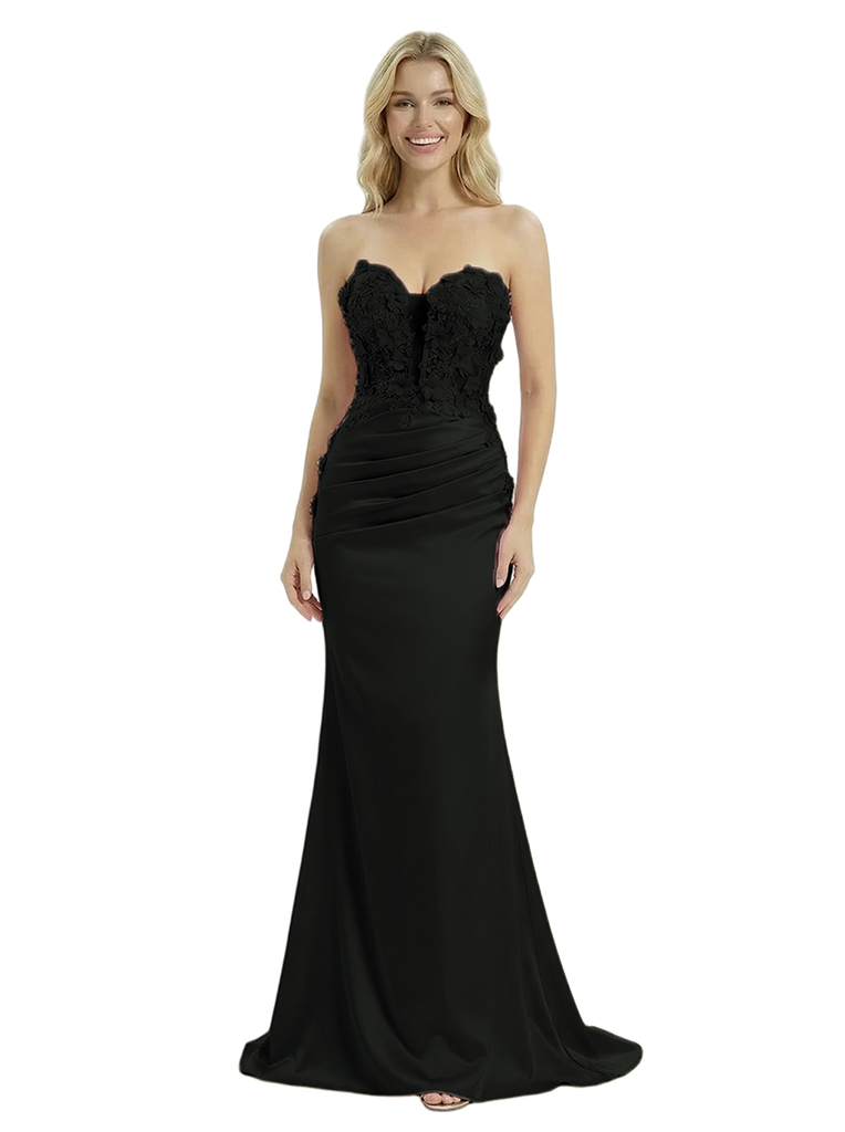 Unique D Floral Lace Corset Cut Out Sweetheart rom Dress Illusion Bodice Satin Mermaid Gown - black