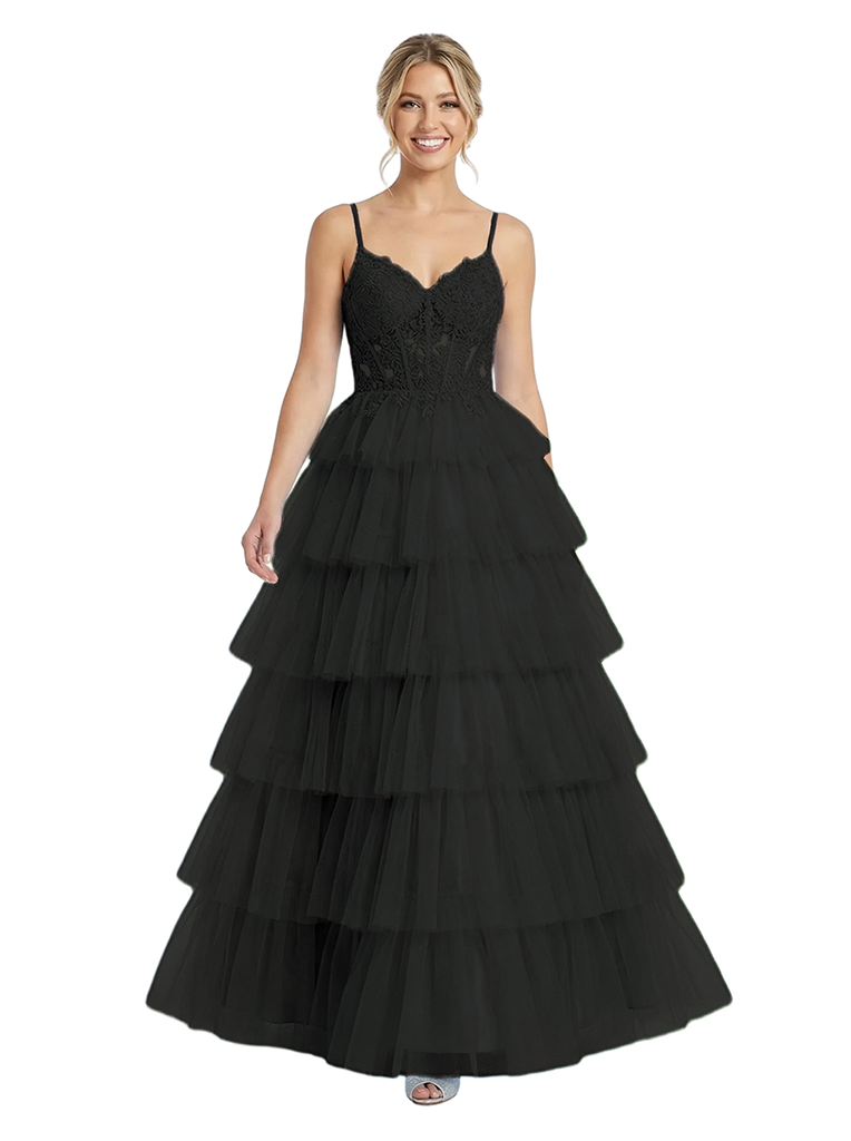 Fancy V-Neck Lace Tiered Tulle Ball Gown Romantic Sparkly Spaghetti Strap Prom Dress - black