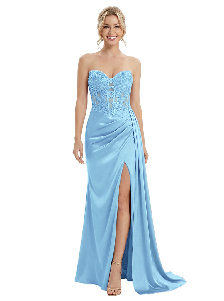 ChicSew Sexy Sweetheart Prom Dress Lace Satin Ruched Bodice High Slit Mermaid Formal Evening Gown With Side Overlay