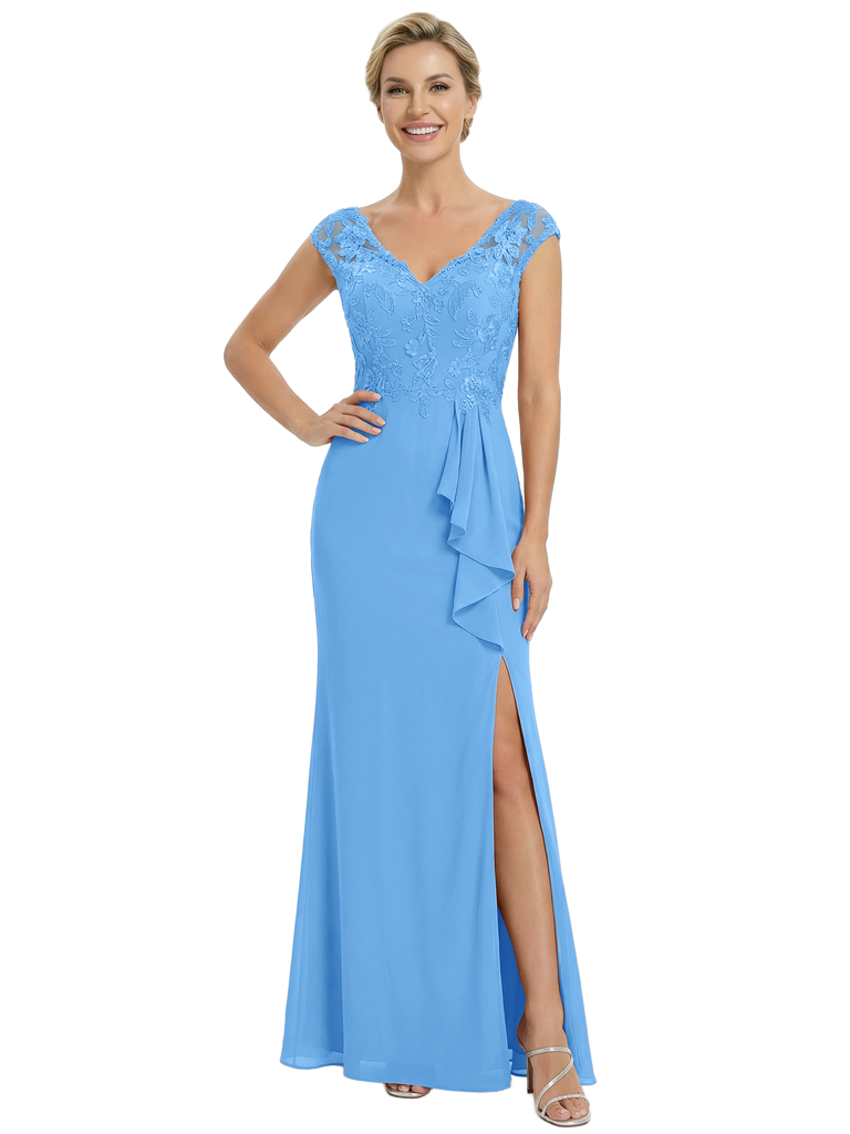 Chicsew Mother of The Groom Dresses V-Neck Cap Sleeve Chiffon Mermaid Maxi Gown With Slit Fancy Ruffled Formal Bridal Party Dress