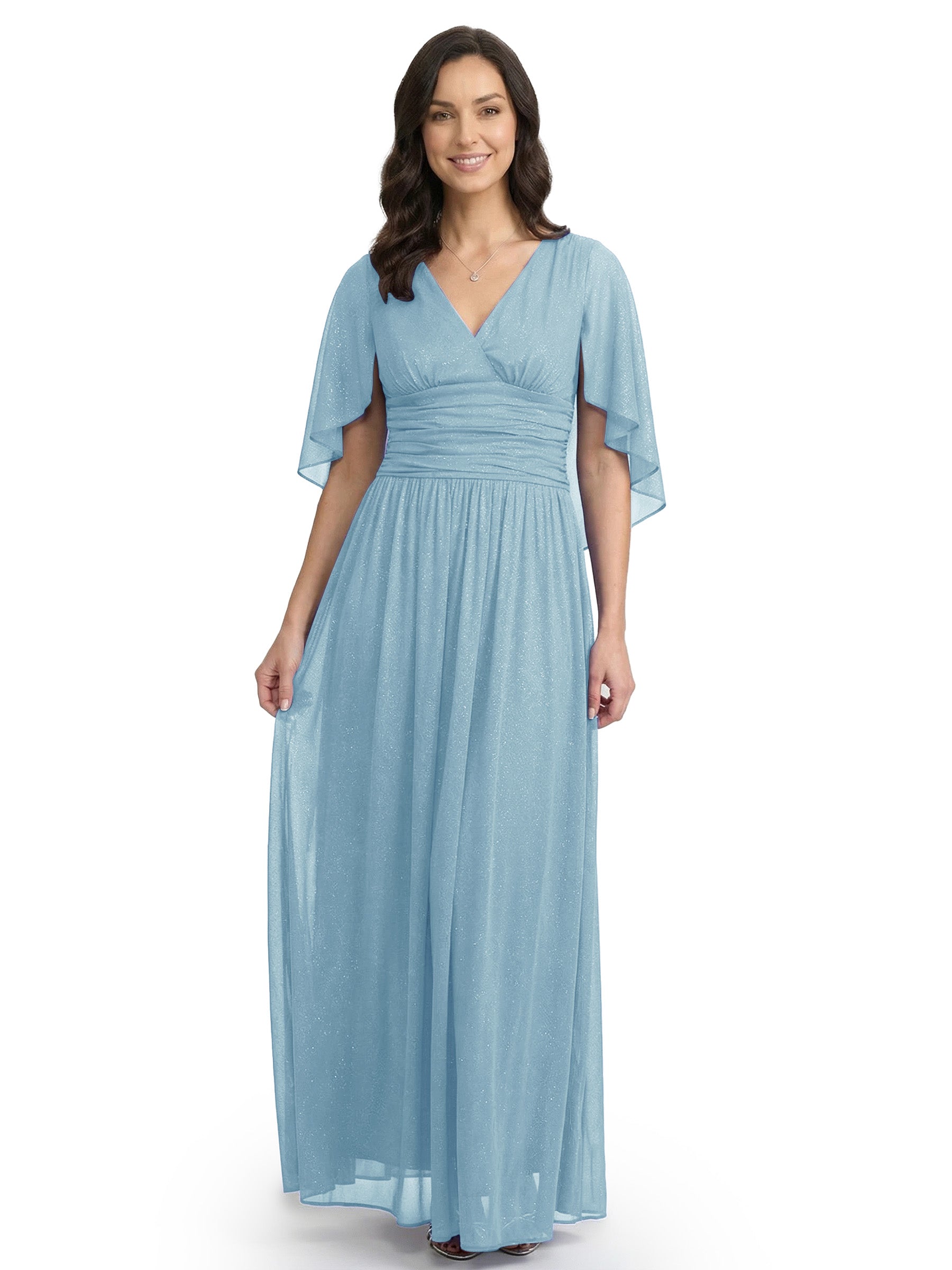 Chicsew Classy V-Neck A-Line Short Sleeves Glitter Jersey Mother Of The Groom Dress Ruched Evening Gown