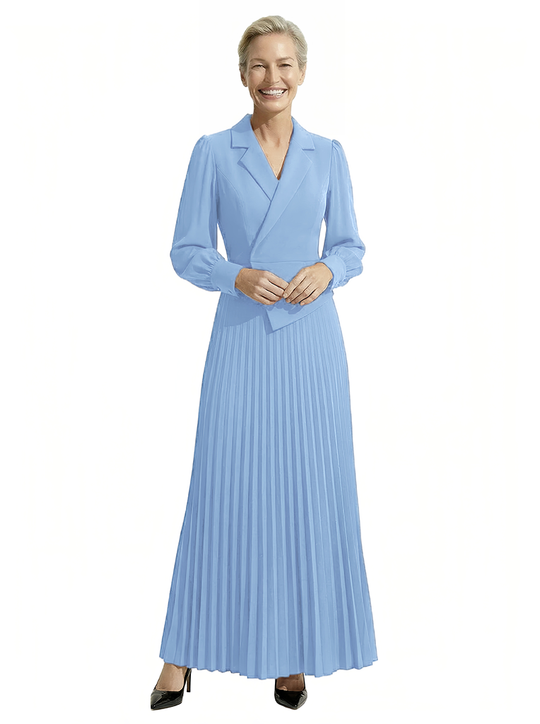 Chicsew Mother of The Bride Dress Blazer Neck Long Sleeve Pleated Crepe Maxi Gown Classy Elegant Design