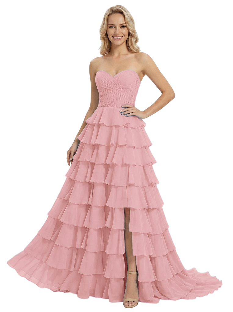 ChicSew Fancy Strapless Sweetheart Prom Gown Ruched Bodice Tiered Chiffon Ball Gown Floor Length Formal Evening Dress