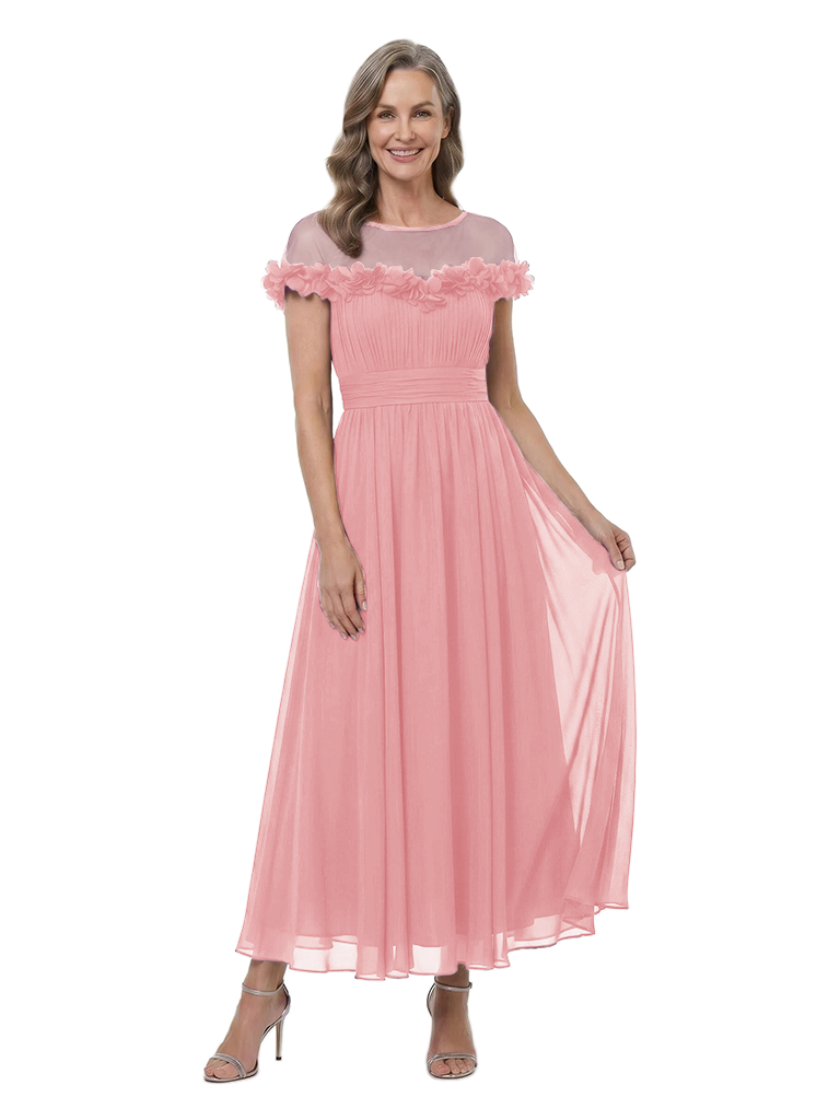 ChicSew Illusion D Floral Chiffon Tea‑Length Mother of the Bride Dress Short Sleeve Formal Party Gown