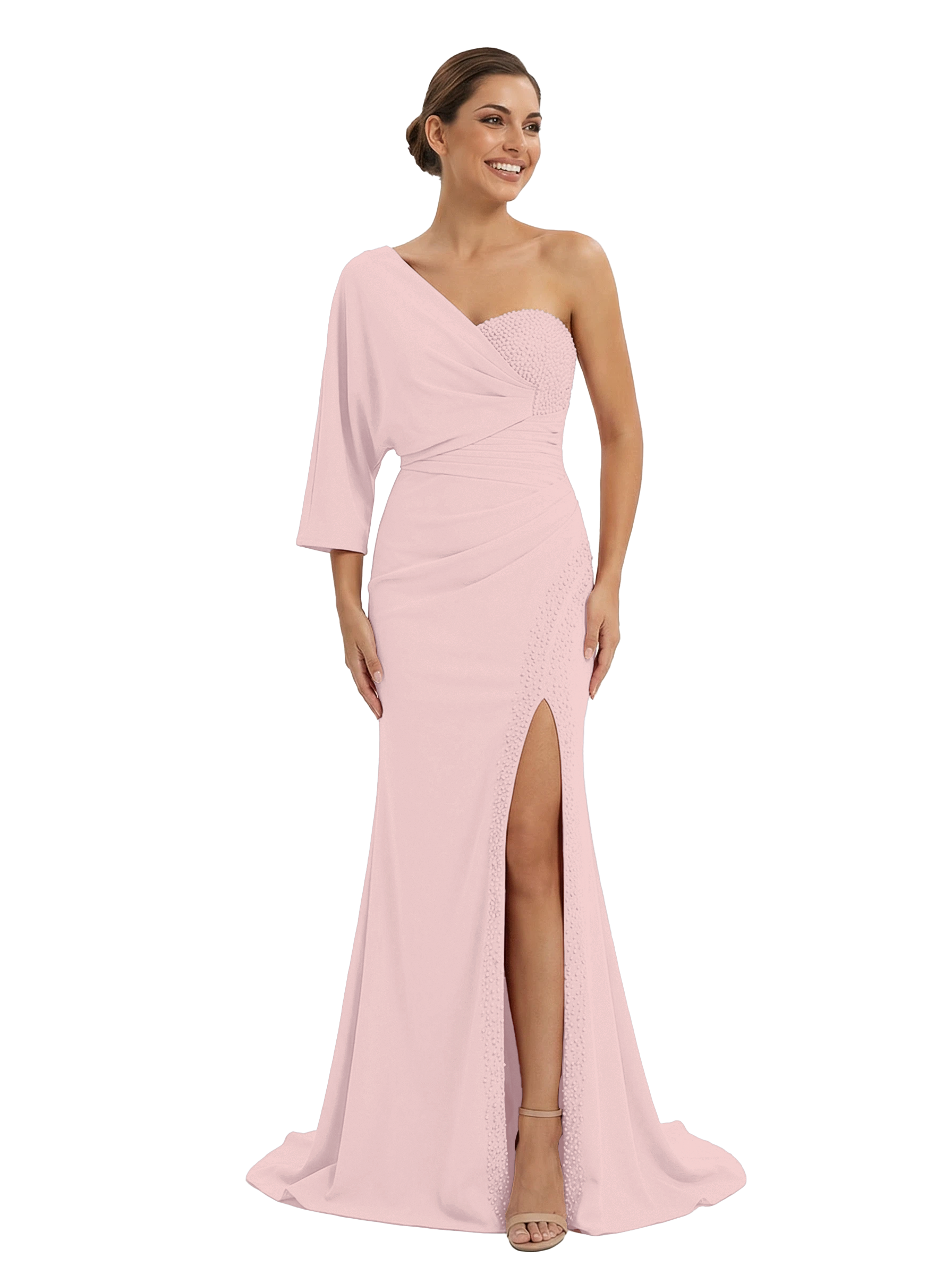 Chicsew Modern Mother of The Bride Dress One Shoulder Half Sleeve Fitted Floor Length Satin with Beaded Classy Elegant Formal Gown