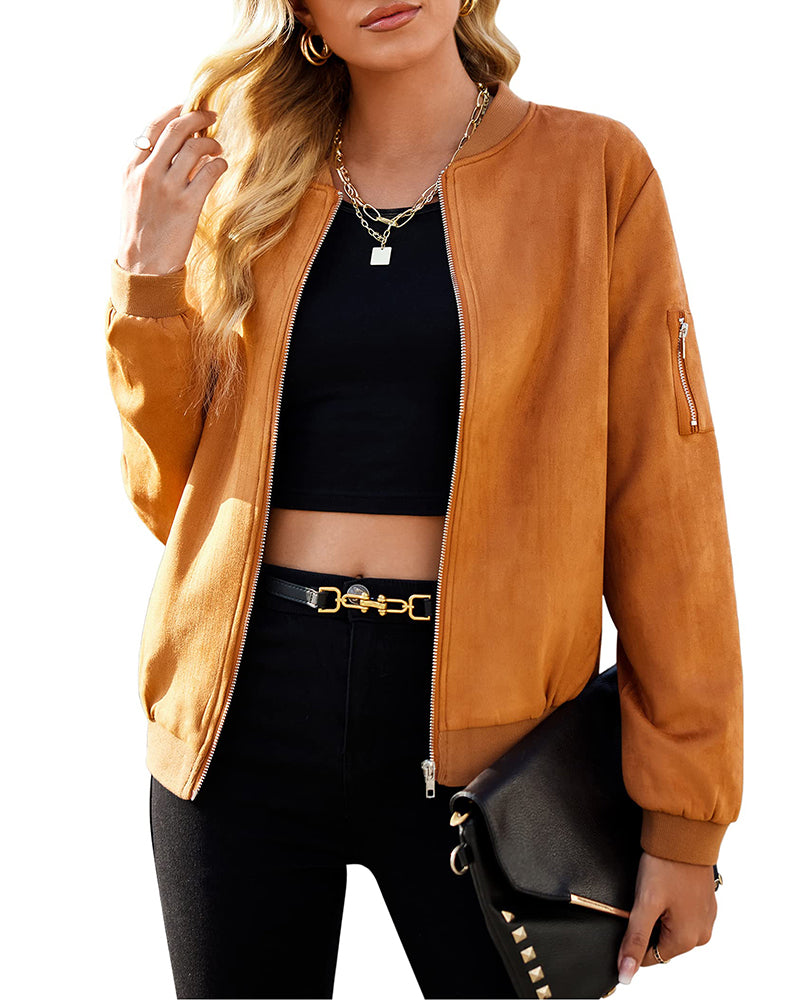 Faux Bomber Zip Up Lightweight Jacket Coat with Pockets - Zeagoo- Brown