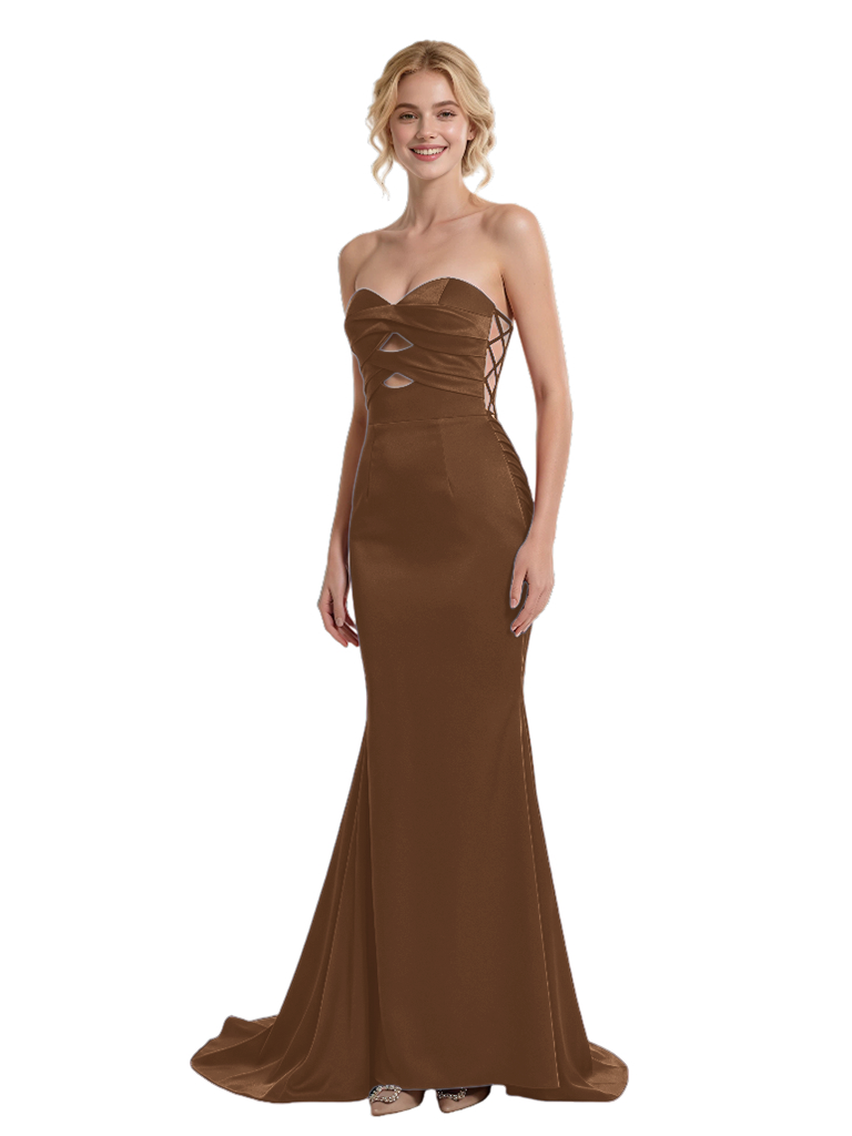 Sexy Strapless Sweetheart Ruched Lace Up Back Mermaid Satin Maxi Prom Dress