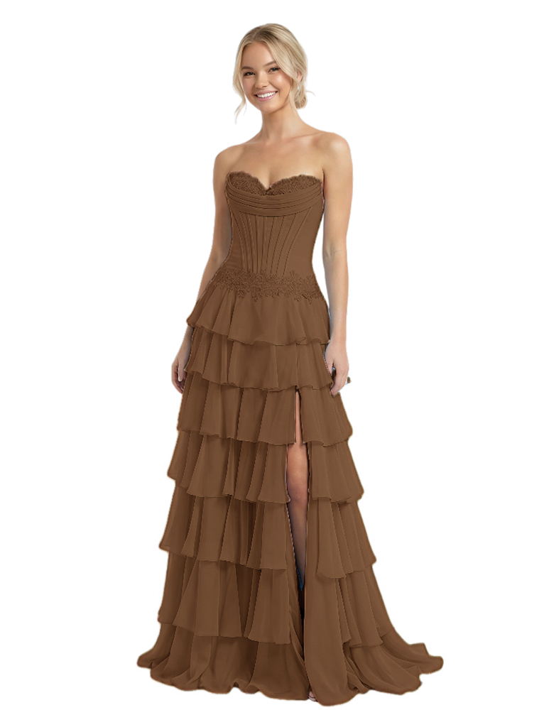 Stunning Sweetheart Tiered Ruffles Lace Corset A-Line Chiffon Strapless Prom Dress