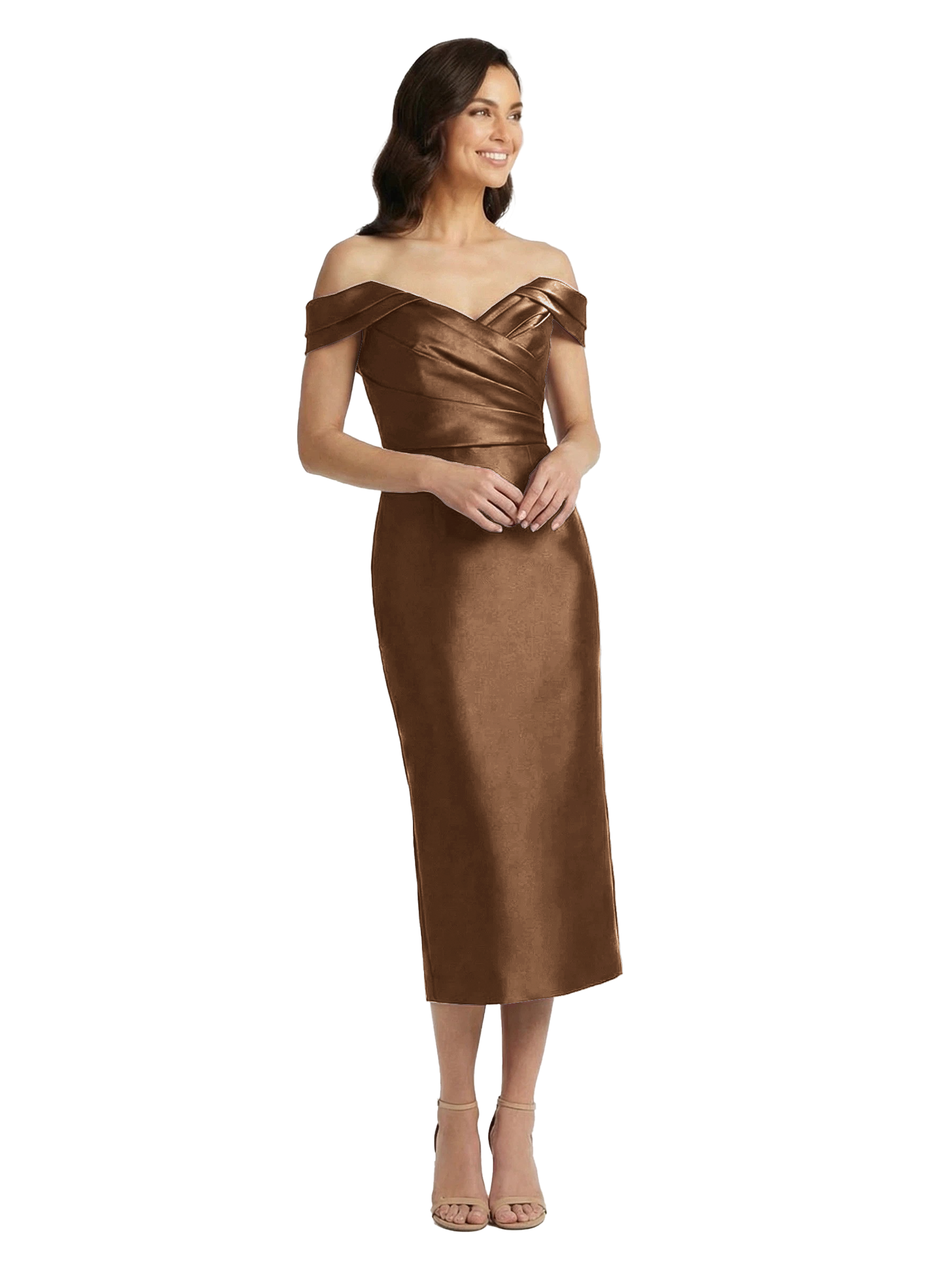 ChicSew Classy Off Shoulder Tea Length Satin Cocktail Dress Mother Of The Groom Gowns