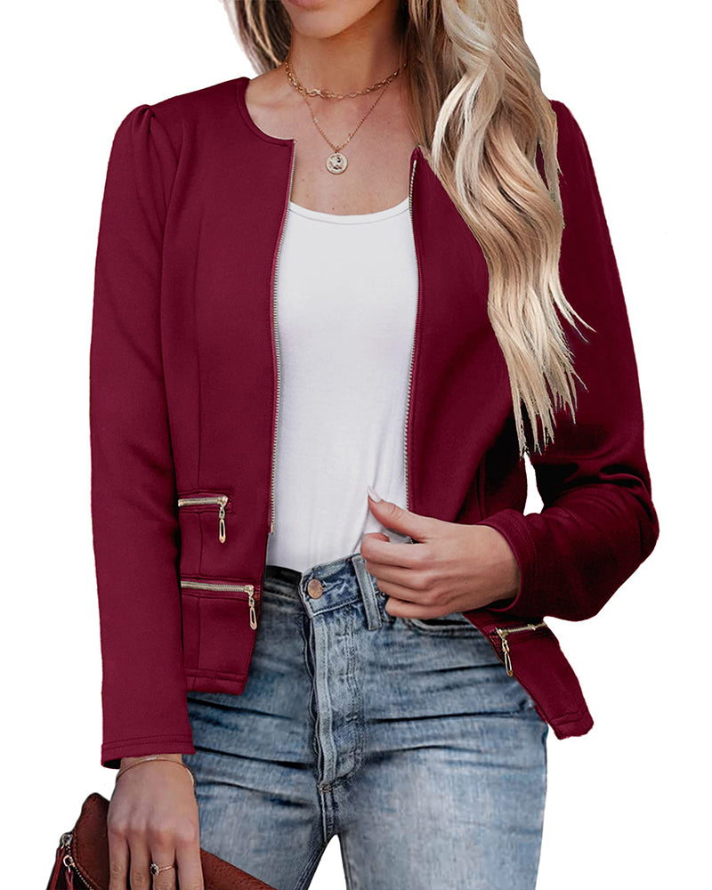 Zeagoo Womens Blazer Cropped Open Front Zipper Dress Jacket O Neck Casual Office Suit Jacket - Burgundy L-