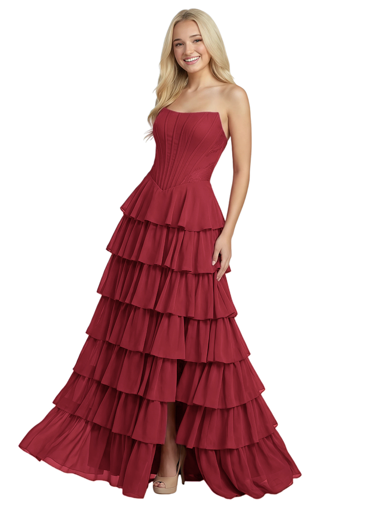 Elegant Strapless Boning Tiered Ruffles A-Line Chiffon Prom Dress