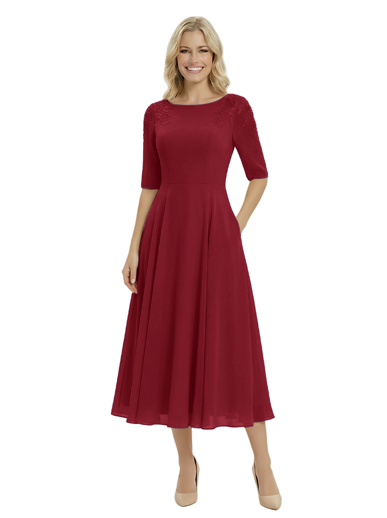 Classy A-Line Tea-Length Long Sleeves Chiffon Maxi Mother Of The Bride Dress