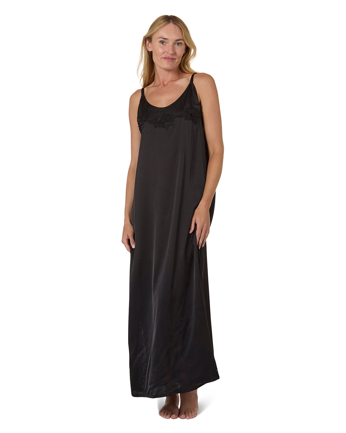 Women's Silky-Soft " Maxi-Length Slip Dress with Floral Lace Trim - Black