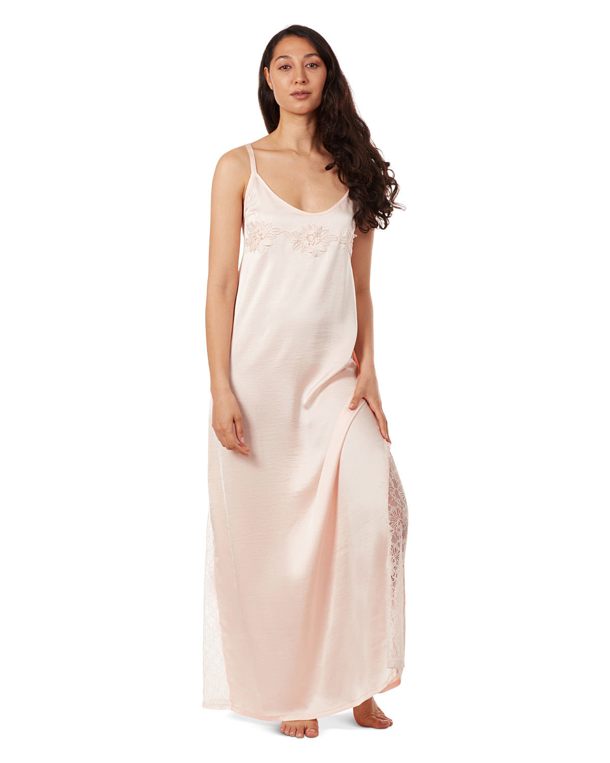 Women's Silky-Soft " Maxi-Length Slip Dress with Floral Lace Trim - S Pale Blush