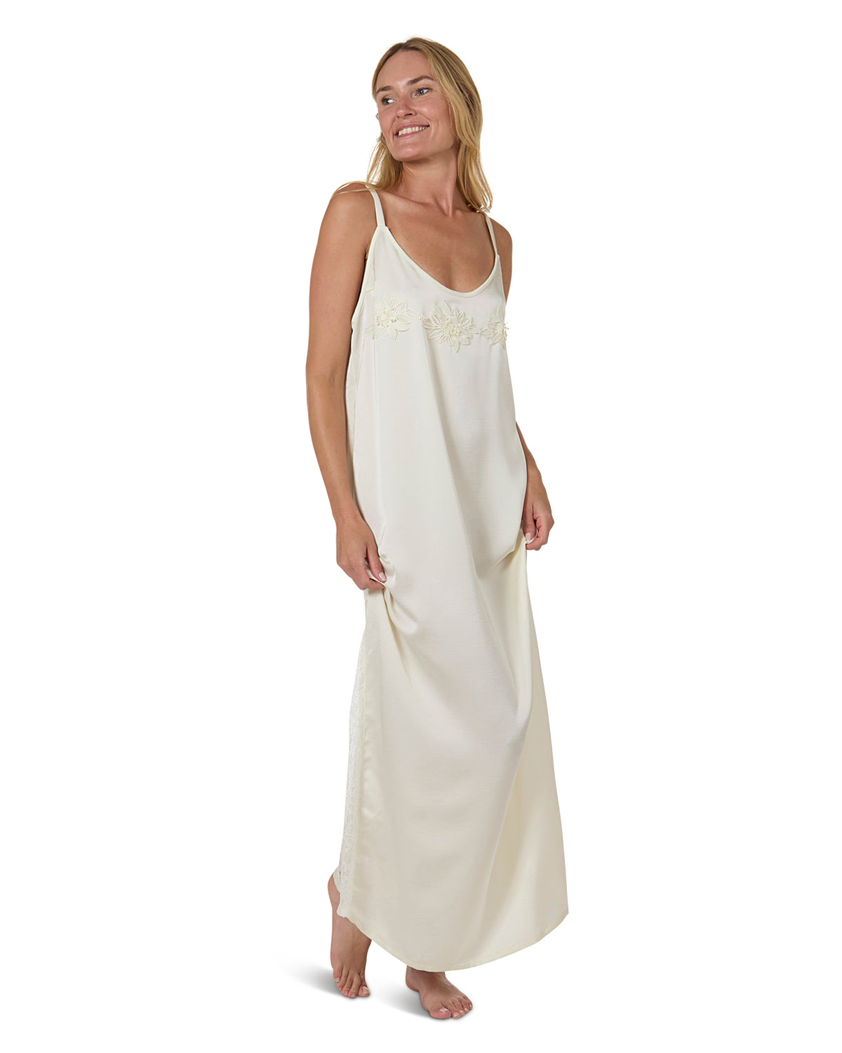 Women's Silky-Soft " Maxi-Length Slip Dress with Floral Lace Trim - Pearl