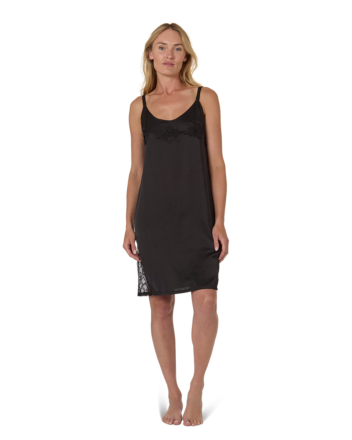 Women's Silky-Soft " Knee-Length Slip Dress with Floral Lace Trim - L Black