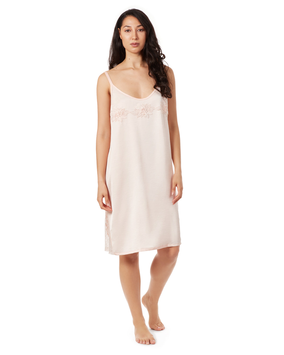 Women's Silky-Soft " Knee-Length Slip Dress with Floral Lace Trim - Pale Blush